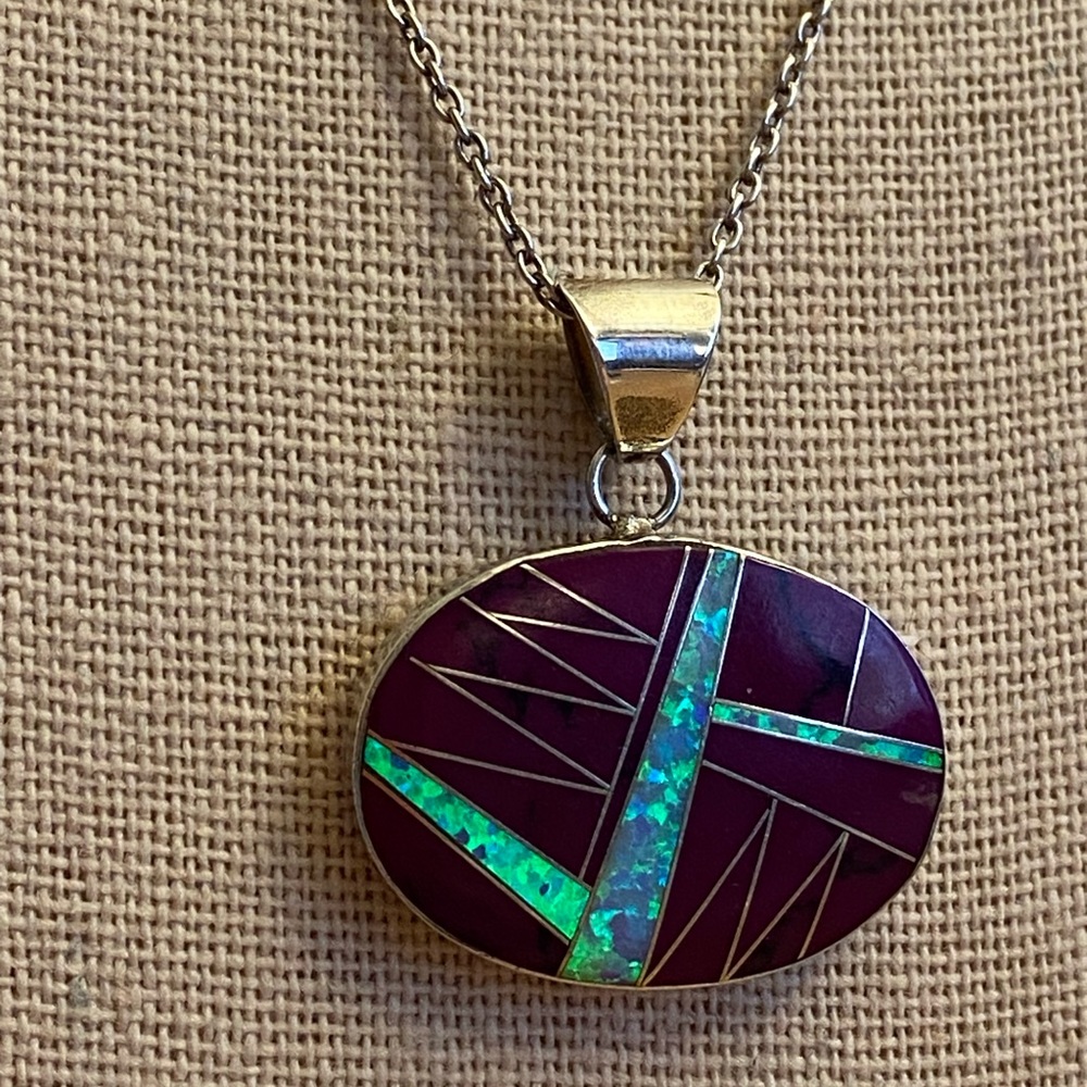 Amazing Native American sugilite and opaline inlay sterling silver pendant - Picture 8 of 9